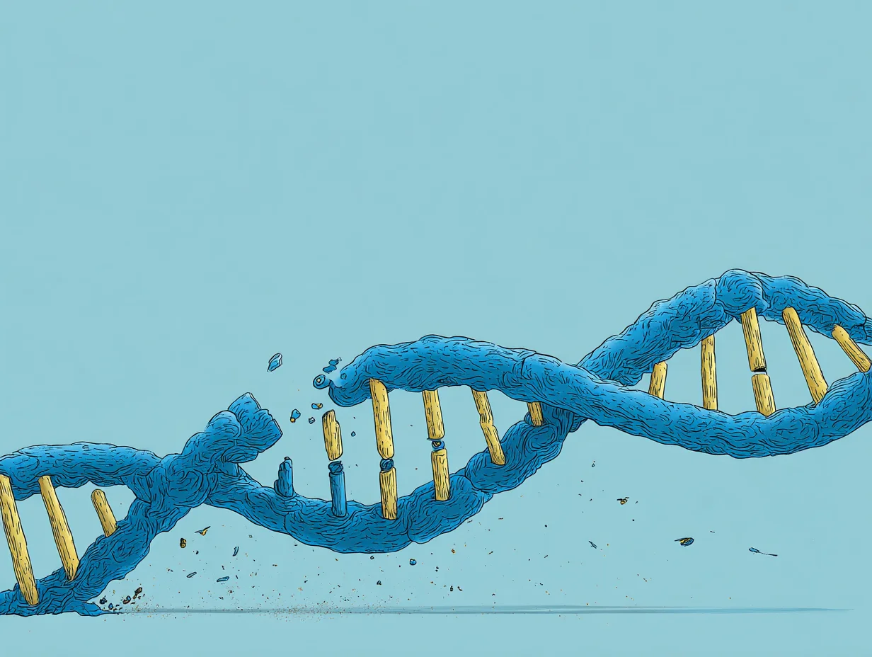 NMN이 DNA 복구를 촉진해 세포 노화를 지연시키는 과정을 상징적으로 표현한 이미지