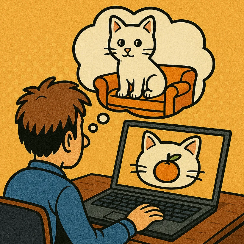 오렌지색 소파에 앉아 있는 흰 고양이 이미지를 AI로 생성하려다 고양이 모양 소파에 오렌지가 올려져 있는 결과물을 받은 남자의 모습. 프롬프트 작성의 중요성을 재치있게 표현한다.
