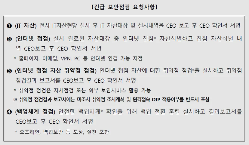 CISO 기업 대상 긴급 보안점검 요청사항 4가지