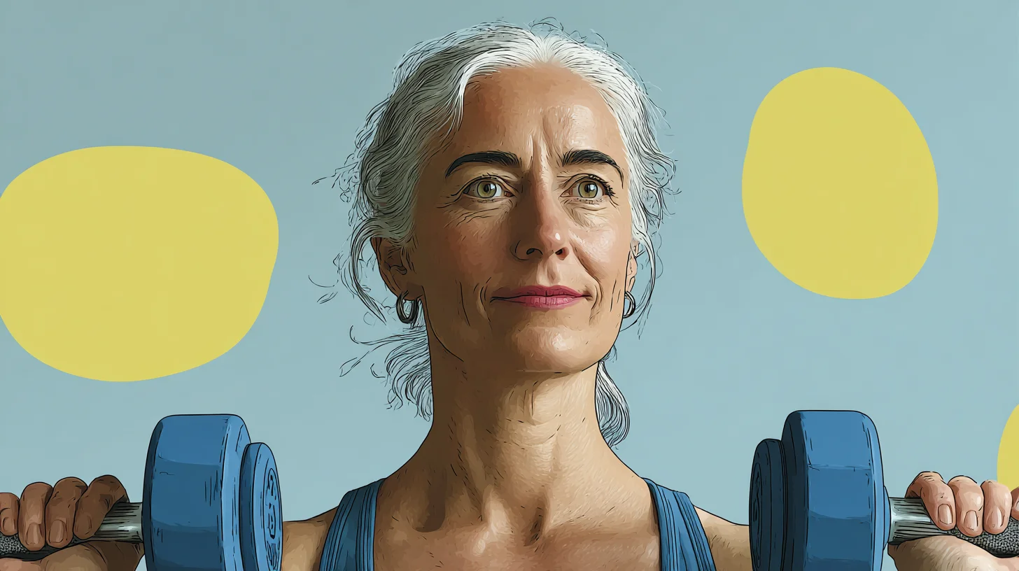 중년 여성이 근력 운동을 하며 항노화를 실천하는 장면