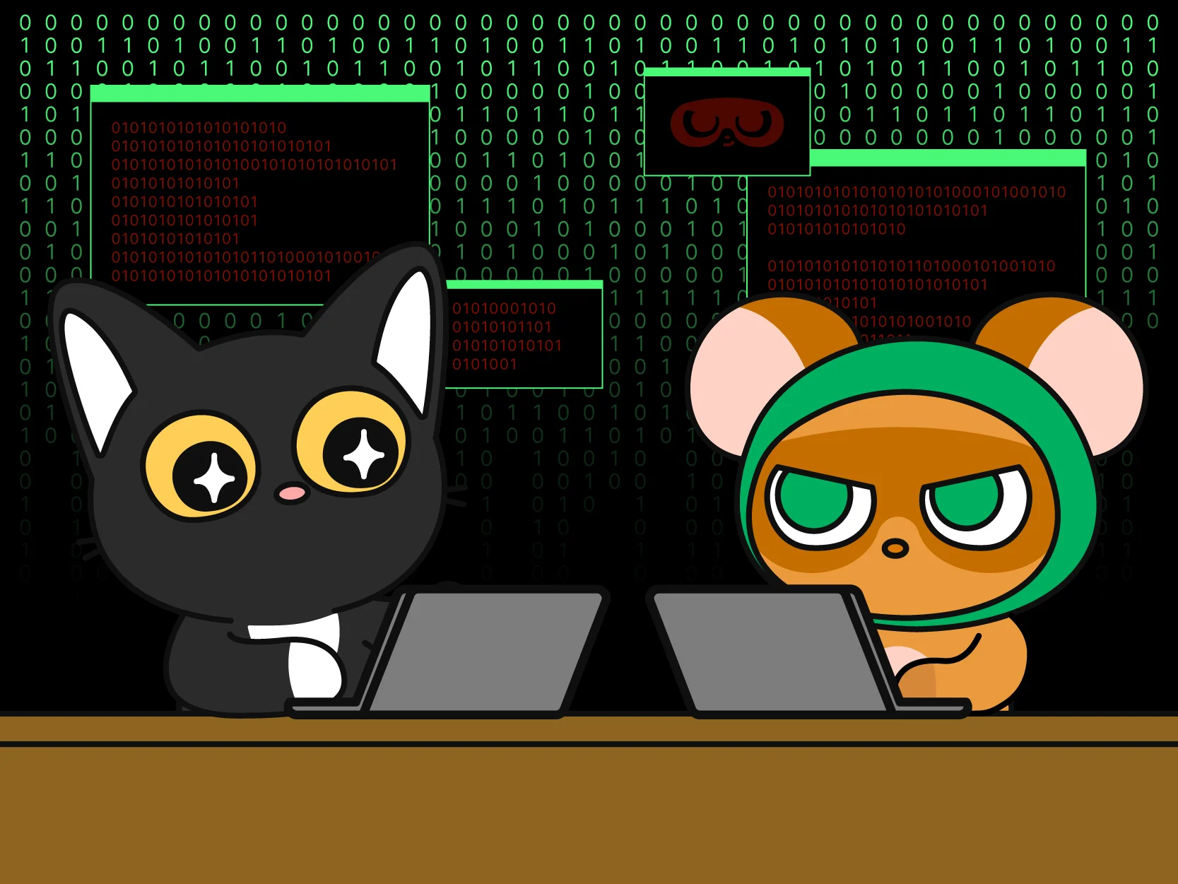 드림핵 캐릭터 아모와 난도가 해킹하고 있는 일러스트