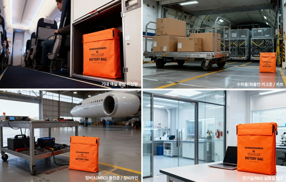 BAT320 권장 설치 위치 — 기내, 화물칸, 정비소, 연구실, 제조라인