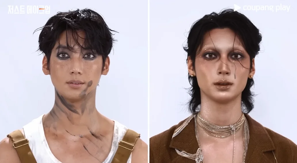 저스트 메이크업 글램 그런지 콘셉트에서 퍼스트맨과 성수동 프린스가 각각 연출한 거친 무드의 남성 메이크업