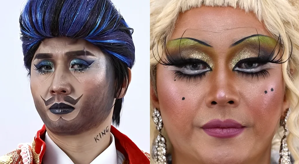 저스트 메이크업 드랙 미션에서 뷰튜브 고인물과 맥티스트가 각각 연출한 킹과 퀸 스타일의 드랙 메이크업