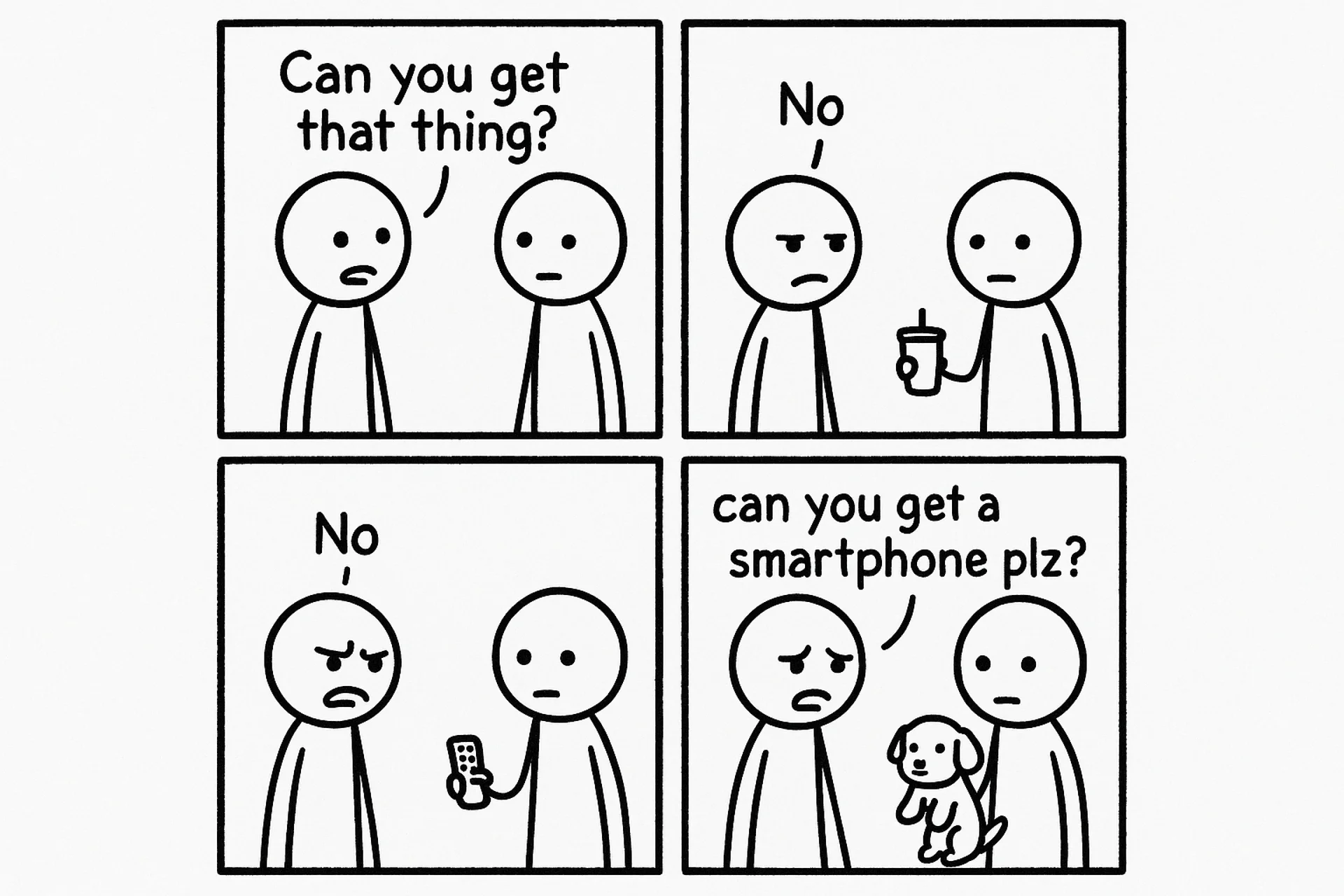 stickman 스타일의 4컷 만화. 부정확한 지칭으로 부탁하며 답답한 상황이 연출되는 것을 재치있게 표현함.