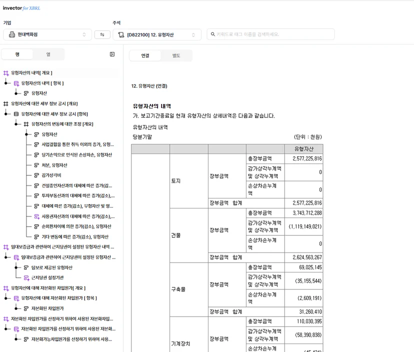 인벡터에서 제공하는 XBRL 표 형태의 DSD