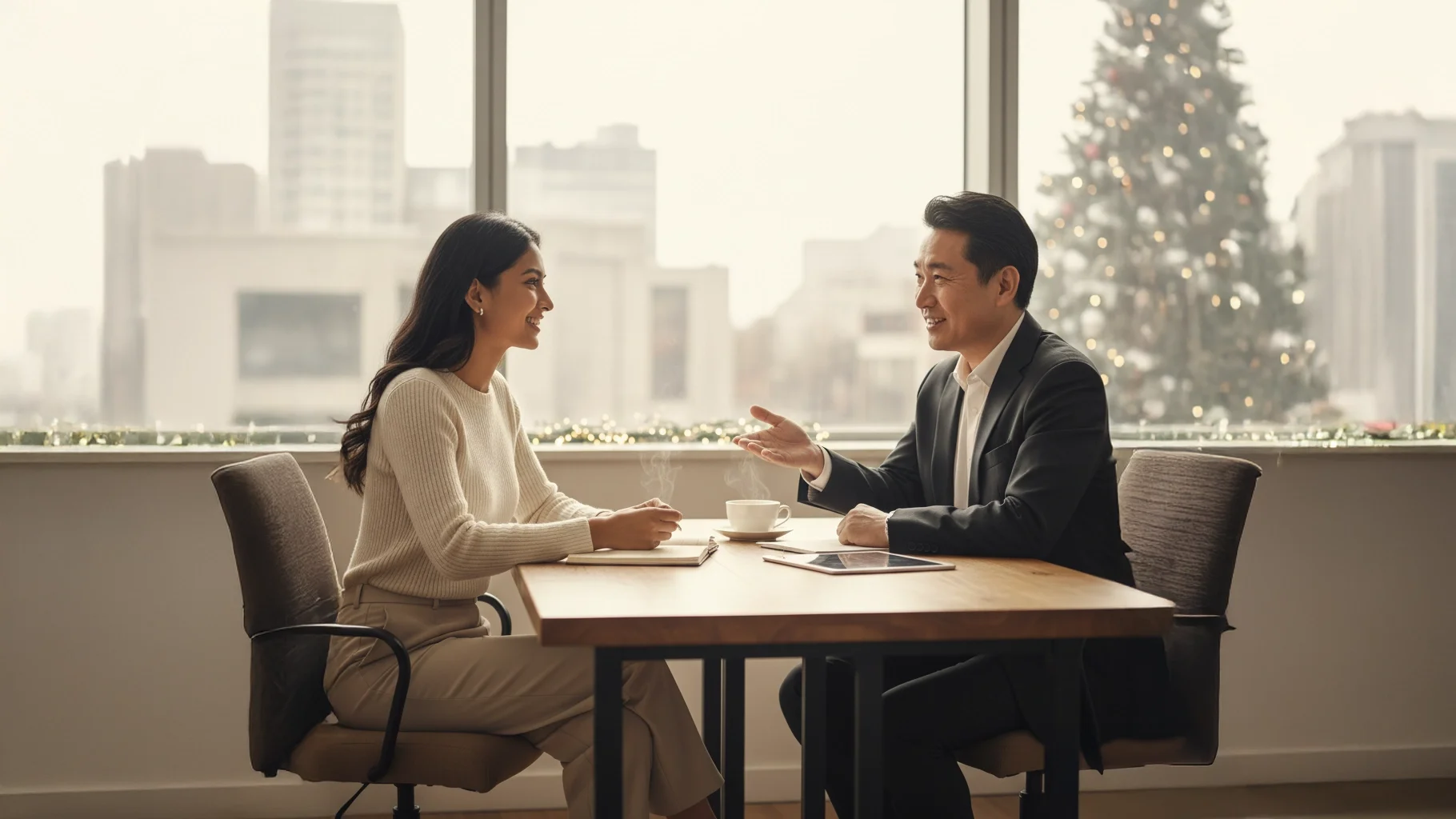 회사 내 연말 회고 미팅을 진행하는 직원
