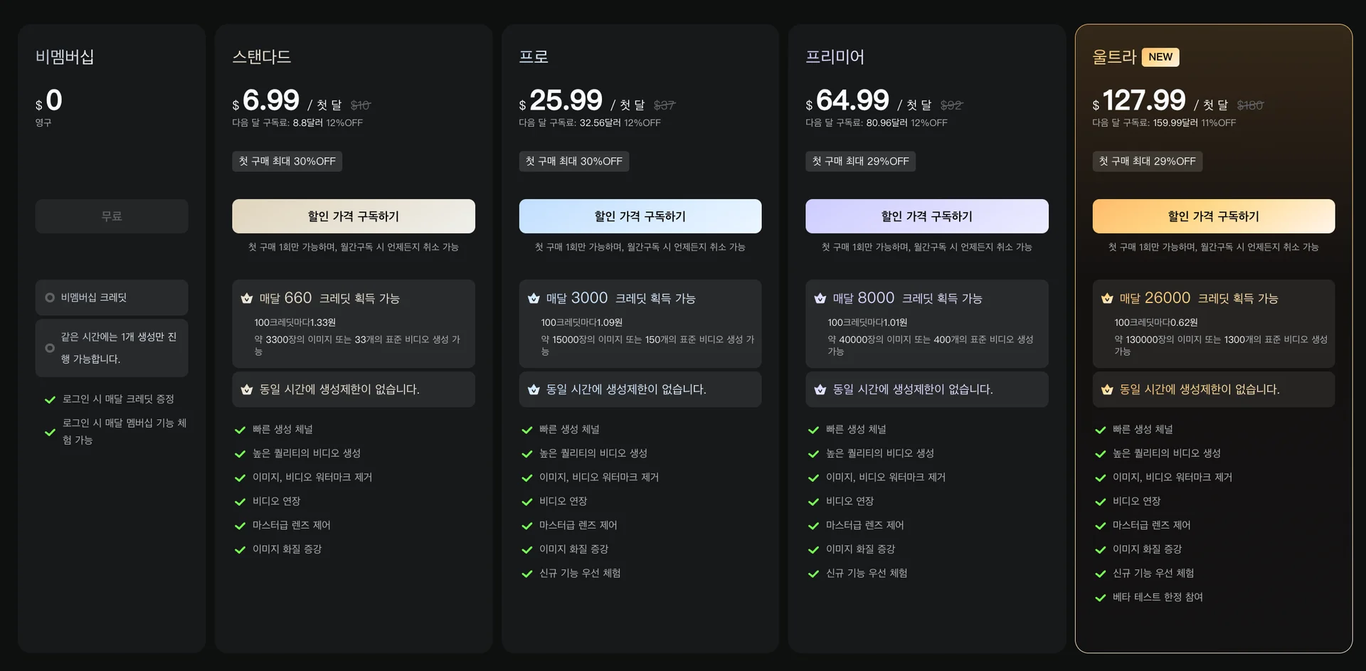 클링의 멤버십 가격 비교 이미지.