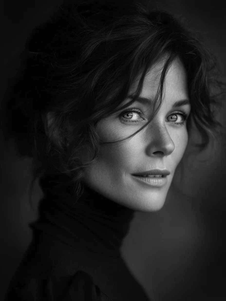 고전적인 블랙 앤 화이트 스타일의 40대 여성 초상 사진, 정중한 표정에 윤기나는 머리카락, 소프트 스튜디오 조명과 얕은 심도 효과로 촬영된 우아한 인물 사진