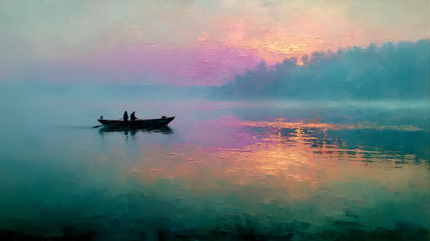 인상주의 스타일의 새벽 호수 풍경화, 안개가 자욱한 수면 위에 작은 배가 떠있으며 부드러운 파스텔 톤과 유화 같은 텍스처의 고요한 분위기