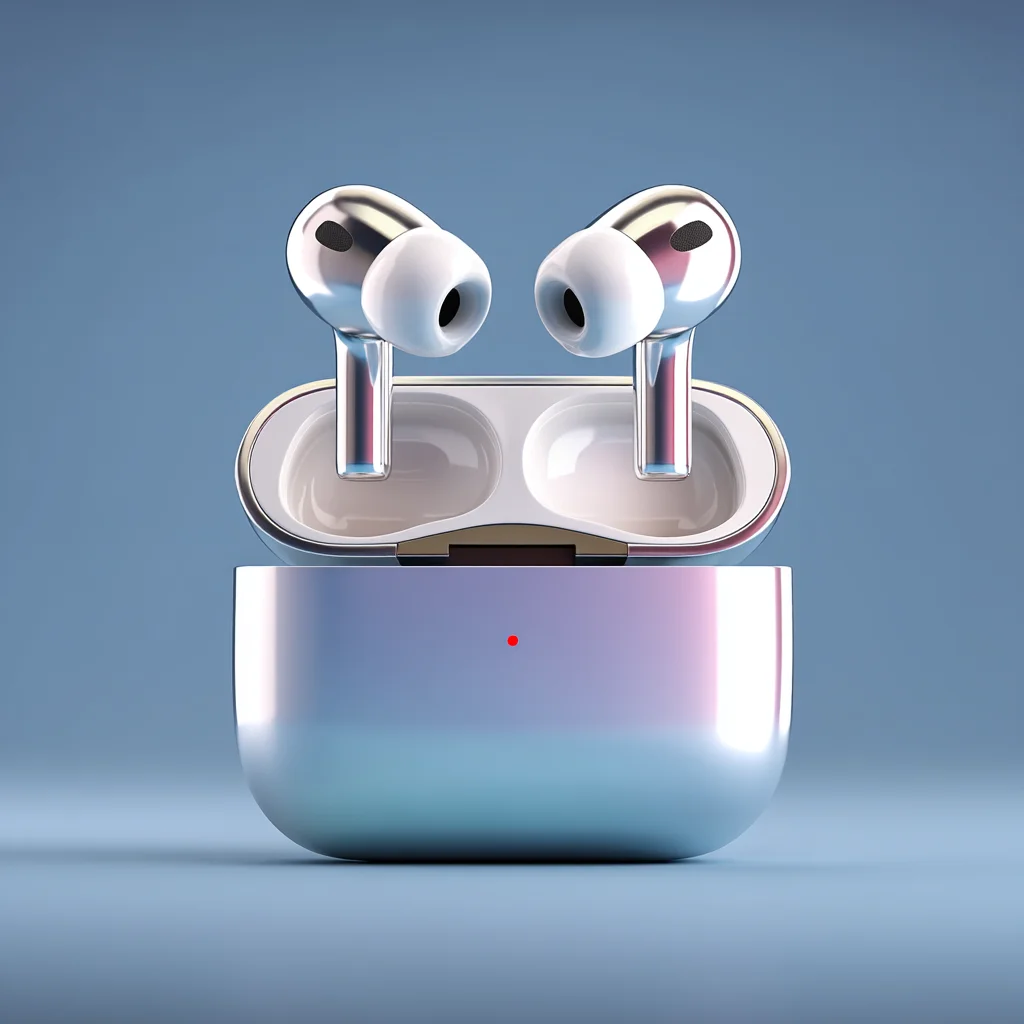 은색과 블루 컬러 팔레트의 미니멀한 무선 이어폰 제품 사진, 클린한 배경에서 3D 렌더링된 미니멀 벡터 디자인 스타일의 현대적인 제품 촬영