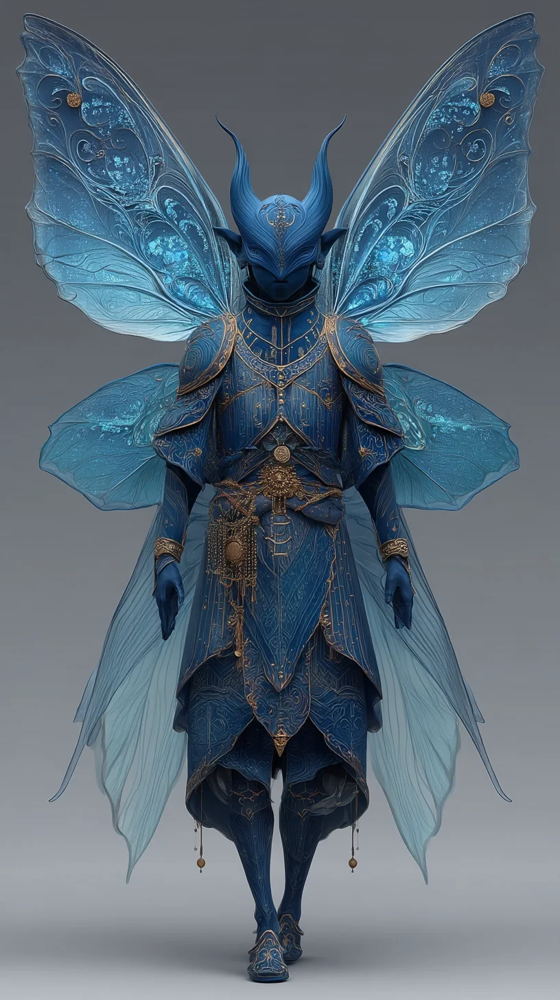 정교한 아머 디테일을 가진 마스크 착용 신비로운 요정, 반투명한 날개와 심해 느낌의 파란색 조명이 있는 에픽 판타지 스타일의 일러스트 작품