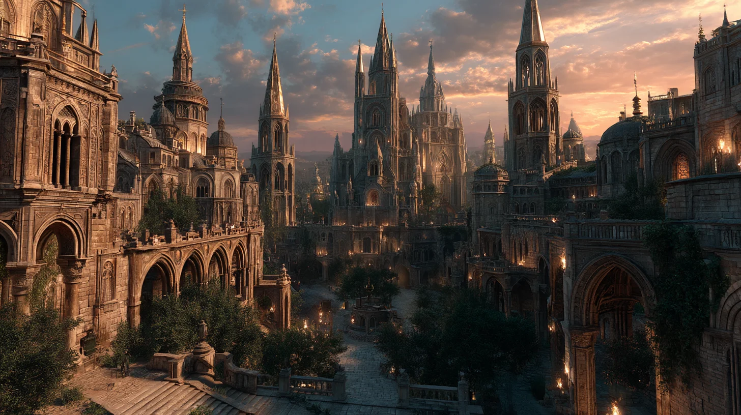 유럽의 고딕 양식 오래된 성당, 높은 첨탑과 석조 아치가 황금빛 석양 조명을 받으며 넓은 화각으로 촬영된 사진 같은 실사감의 건축물 전경