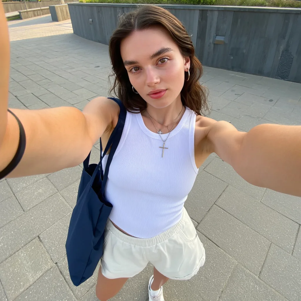 레브로 생성한 이미지 예시. 어두운 갈색 머리와 하얀 피부를 가진 젊은 여성이 야외에서 셀카 촬영 중. 흰색 리브드 탱크탑과 흰색 반바지 착용. 은색 십자가 목걸이와 후프 귀걸이. 왼쪽 어깨에 남색 토트백. 포장된 도로와 회색 콘크리트 벽 구조물 배경. 자연광 조명, 늦은 오후 햇살. 팔을 뻗어 찍은 셀카 스타일 샷. 캐주얼한 여름 스타일, 편안한 포즈.