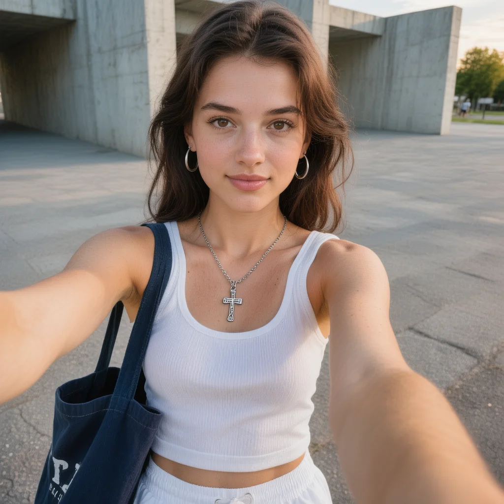 훈위안으로 생성한 이미지 예시. 어두운 갈색 머리와 하얀 피부를 가진 젊은 여성이 야외에서 셀카 촬영 중. 흰색 리브드 탱크탑과 흰색 반바지 착용. 은색 십자가 목걸이와 후프 귀걸이. 왼쪽 어깨에 남색 토트백. 포장된 도로와 회색 콘크리트 벽 구조물 배경. 자연광 조명, 늦은 오후 햇살. 팔을 뻗어 찍은 셀카 스타일 샷. 캐주얼한 여름 스타일, 편안한 포즈.