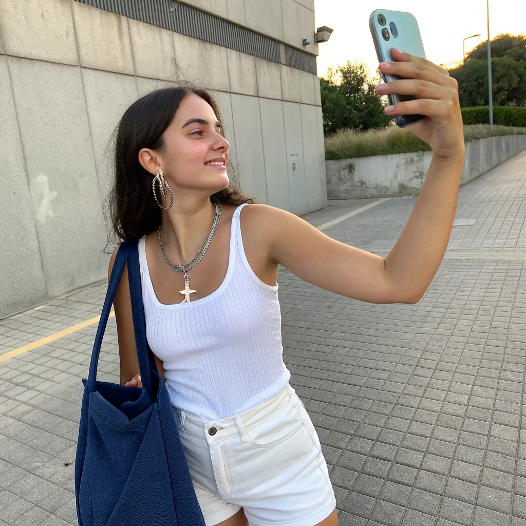 리크래프트로 생성한 이미지 예시. 어두운 갈색 머리와 하얀 피부를 가진 젊은 여성이 야외에서 셀카 촬영 중. 흰색 리브드 탱크탑과 흰색 반바지 착용. 은색 십자가 목걸이와 후프 귀걸이. 왼쪽 어깨에 남색 토트백. 포장된 도로와 회색 콘크리트 벽 구조물 배경. 자연광 조명, 늦은 오후 햇살. 팔을 뻗어 찍은 셀카 스타일 샷. 캐주얼한 여름 스타일, 편안한 포즈.