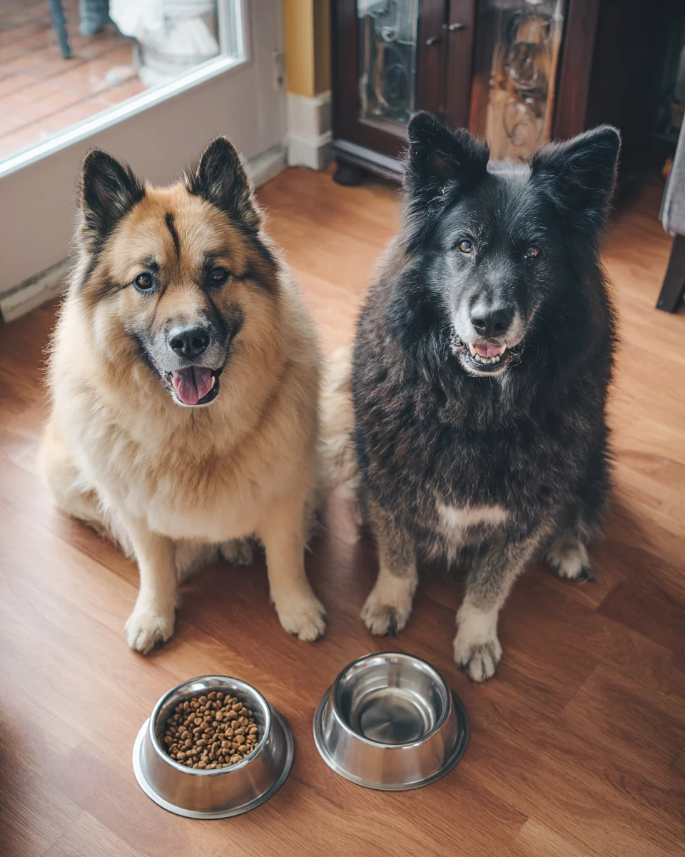 거실 바닥에 나란히 앉아있는 같은 품종의 두 강아지