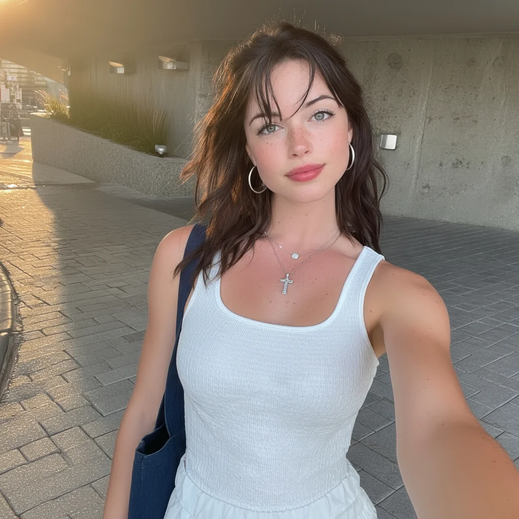 미드저니 이미지 예시. 어두운 갈색 머리와 하얀 피부를 가진 젊은 여성이 야외에서 셀카 촬영 중. 흰색 리브드 탱크탑과 흰색 반바지 착용. 은색 십자가 목걸이와 후프 귀걸이. 왼쪽 어깨에 남색 토트백. 포장된 도로와 회색 콘크리트 벽 구조물 배경. 자연광 조명, 늦은 오후 햇살. 팔을 뻗어 찍은 셀카 스타일 샷. 캐주얼한 여름 스타일, 편안한 포즈.