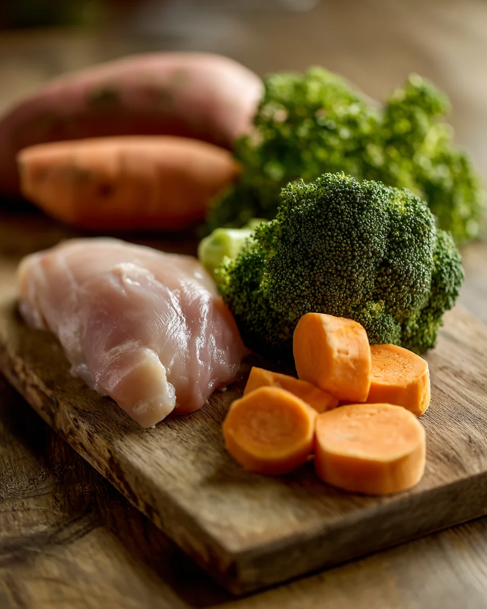 나무 도마 위에 정갈하게 놓인 신선한 강아지 화식 재료인 닭가슴살, 고구마, 당근, 브로콜리의 모습
