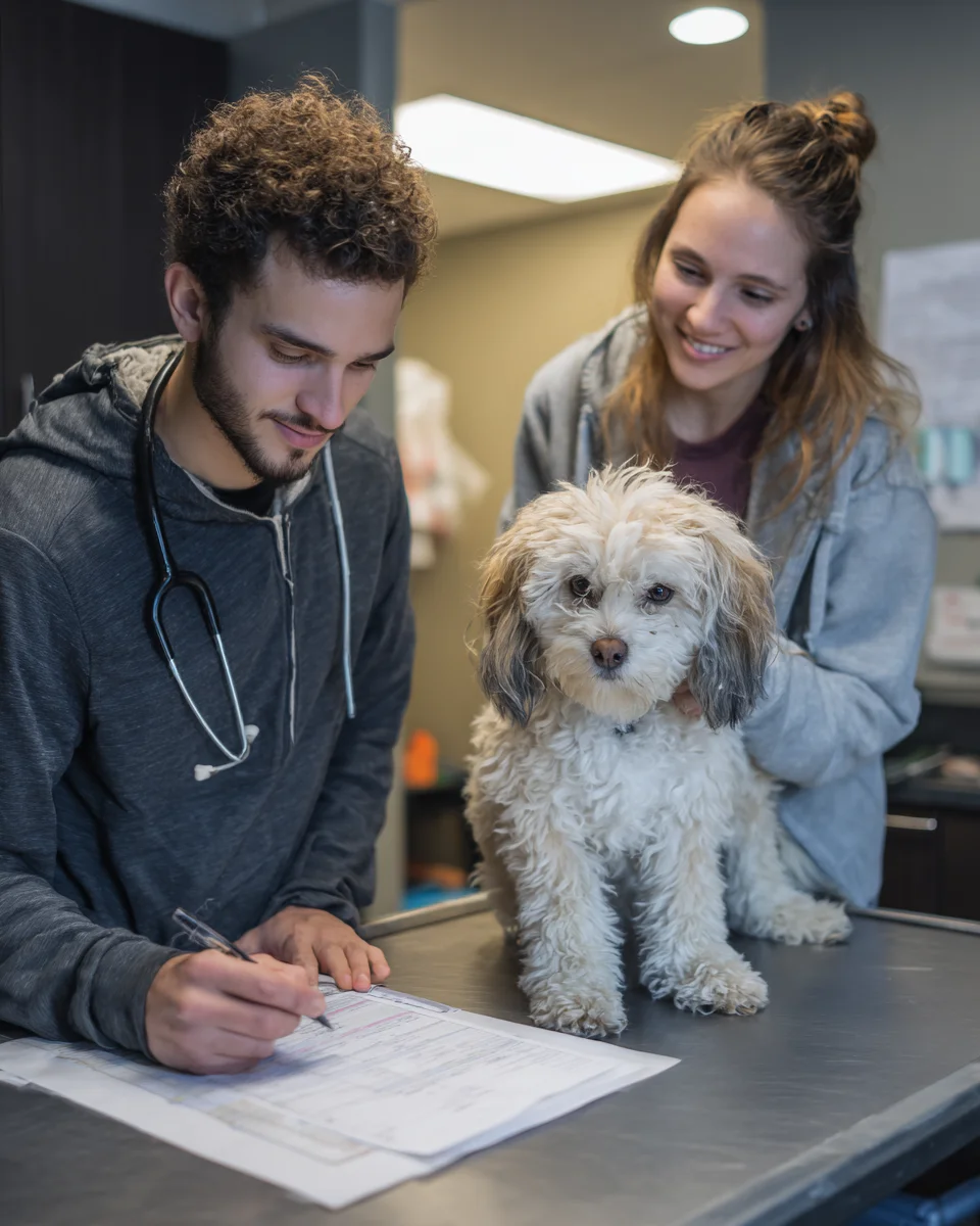 반려견의 견종, 나이, 활동량 등 개별 특성을 고려하여 수의사와 보호자가 함께 맞춤형 체중 관리 계획을 수립하는 전문 상담 장면