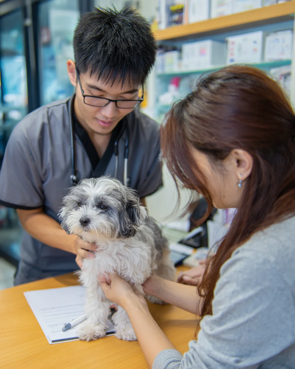 반려견의 식욕 부진 원인을 파악하기 위해 수의사와 상담하며 건강 검진을 받는 보호자와 반려견