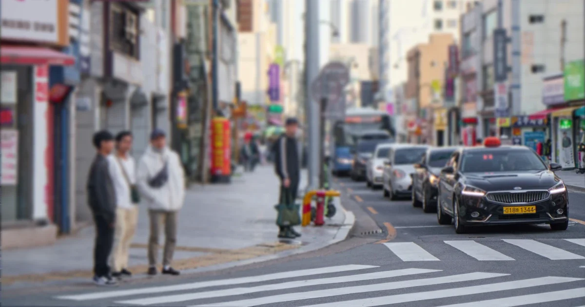 횡단보도 우회전을 기다리는 차량들