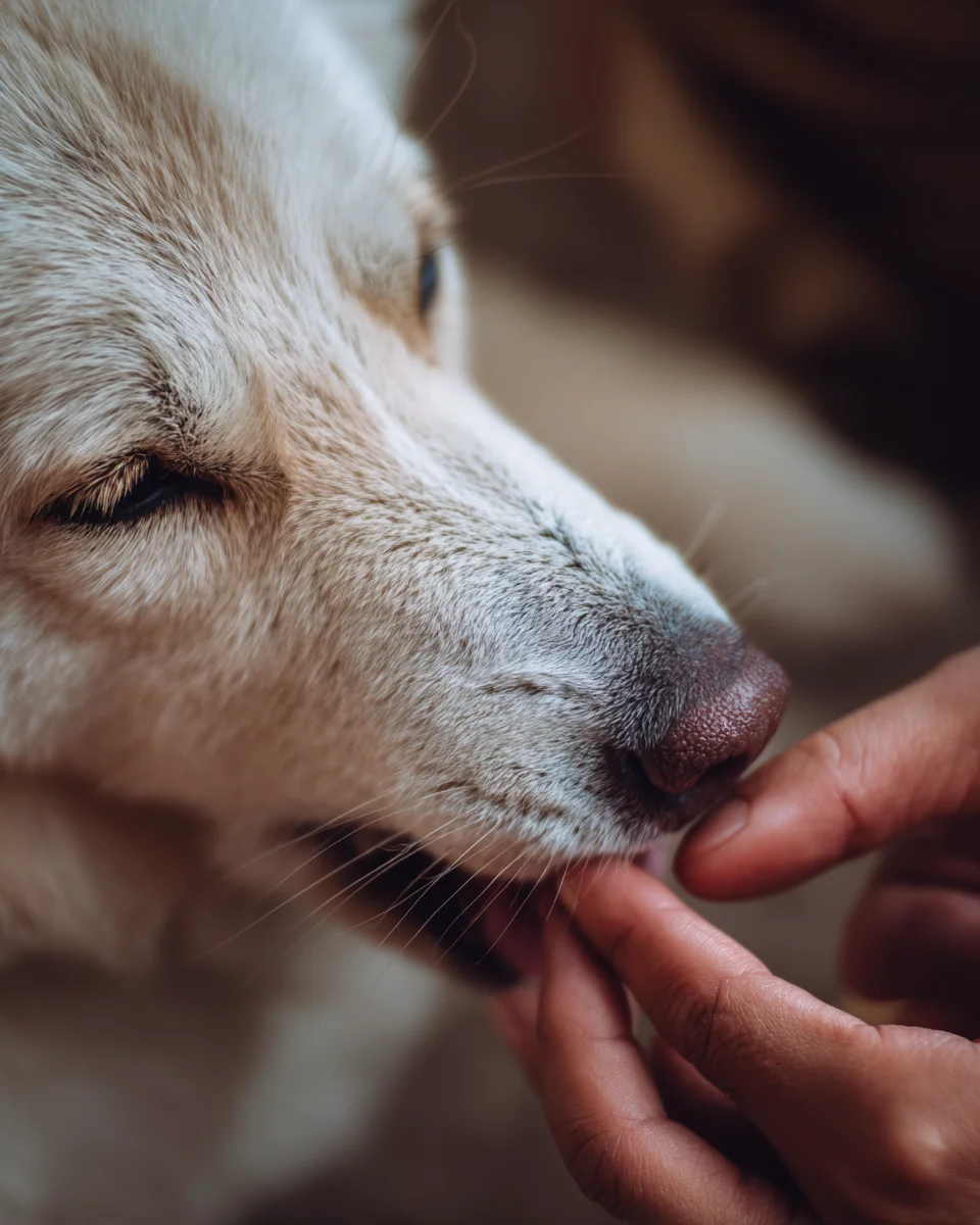 강아지의 잇몸 색상과 수분 상태를 확인하는 검사 장면, 탈수 여부를 판단하기 위한 잇몸 건강 체크 방법