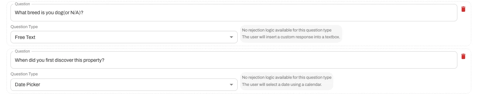 Questions now include a free text response option. 