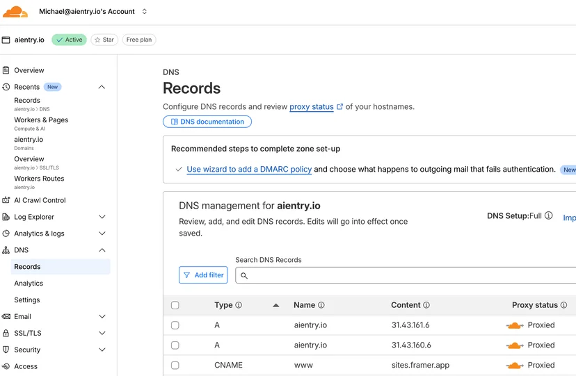 'Proxied' 상태로 변경된 Cloudflare DNS 레코드 설정 화면