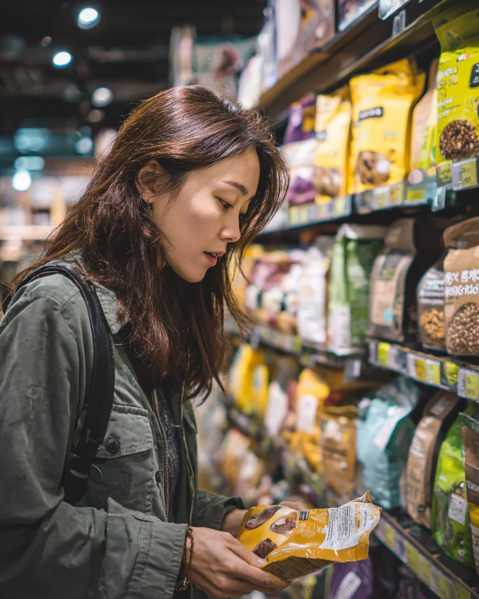 식이 알러지 관리를 위해 반려동물 용품점에서 사료 포장의 원재료 목록을 꼼꼼하게 확인하며 신중하게 선택하는 보호자