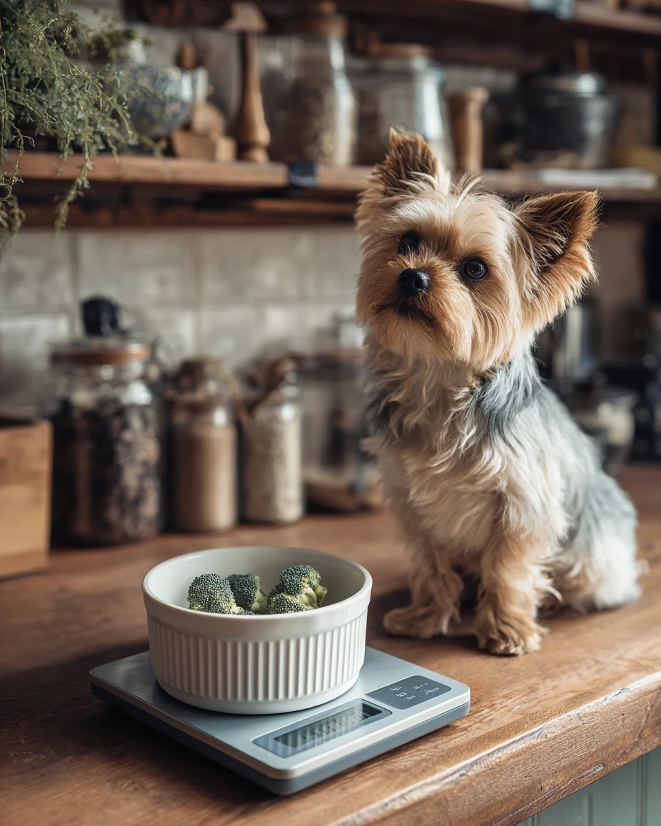소형견을 위해 저울로 브로콜리 적정량을 정확히 측정하는 안전한 급여 방법을 보여주는 교육적 장면
