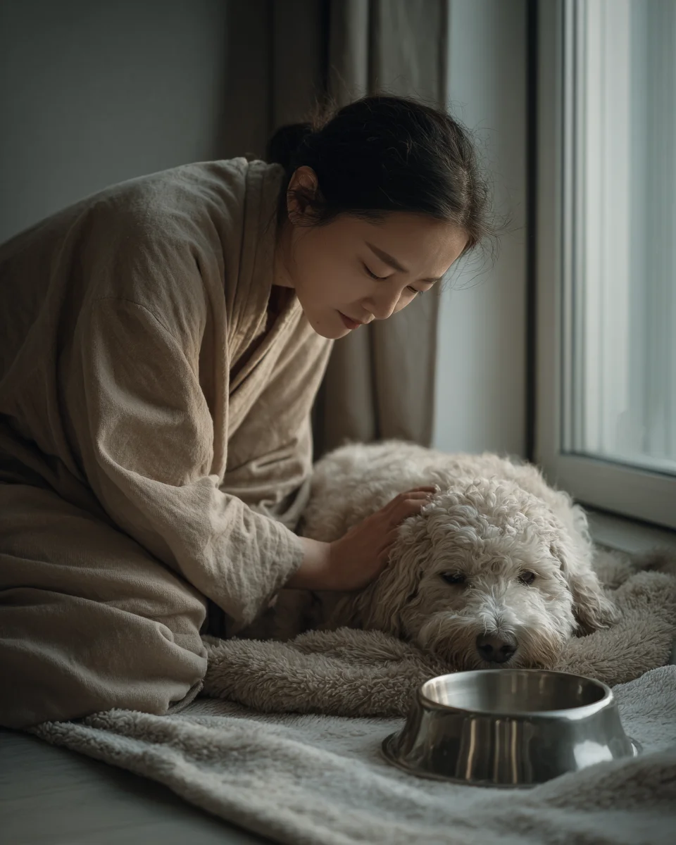 브로콜리 급여 후 소화 불편함을 보이는 강아지를 걱정스럽게 돌보는 보호자의 신중한 대응 모습