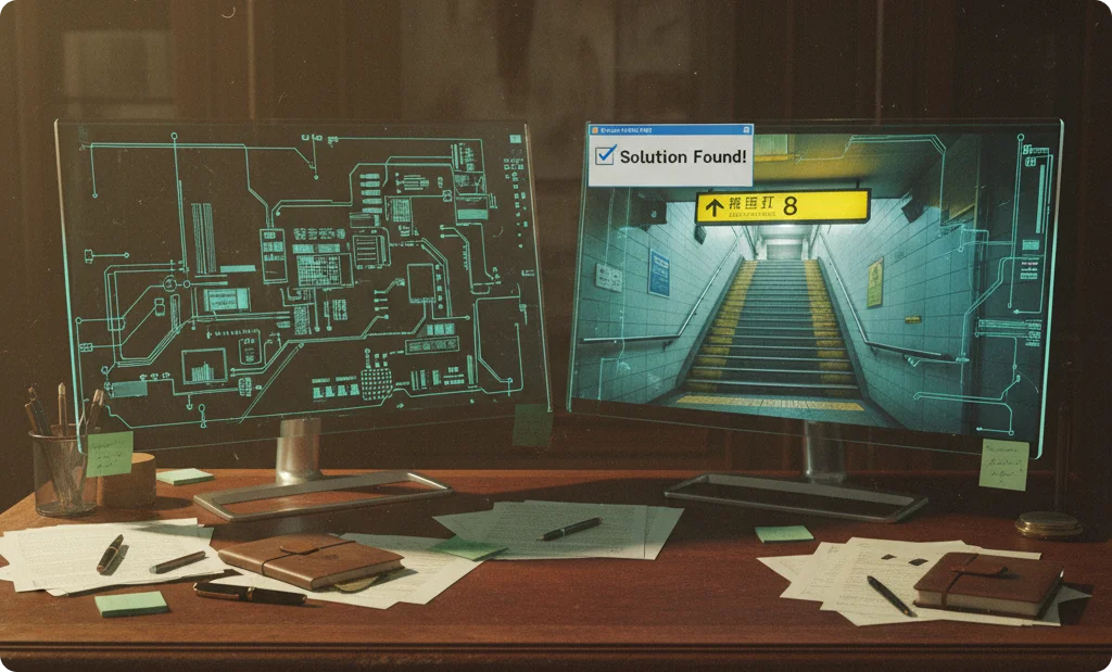 정확한 프롬프트로 성공 엔딩을 본 게임 모니터 화면 