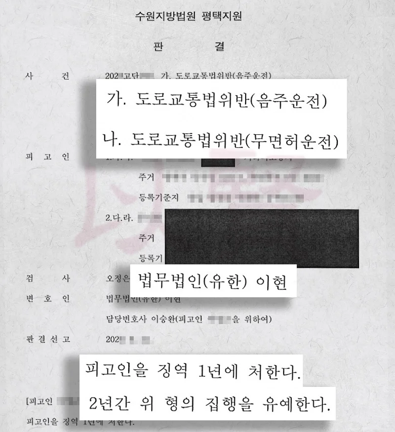 음주운전 3회 의뢰인이 집행유예 나온 판결문