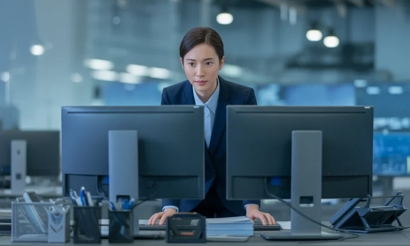 직장인이 모니터 두개를 동시에 사용하며 업무를 하는 모습