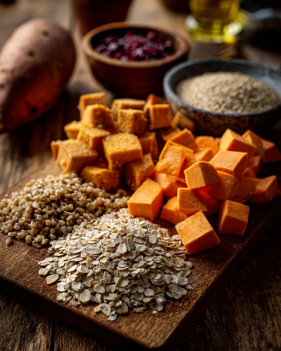 강아지에게 좋은 복합 탄수화물 식재료인 고구마, 호박, 현미, 귀리, 퀴노아, 보리가 나무 도마 위에 정갈하게 놓인 모습