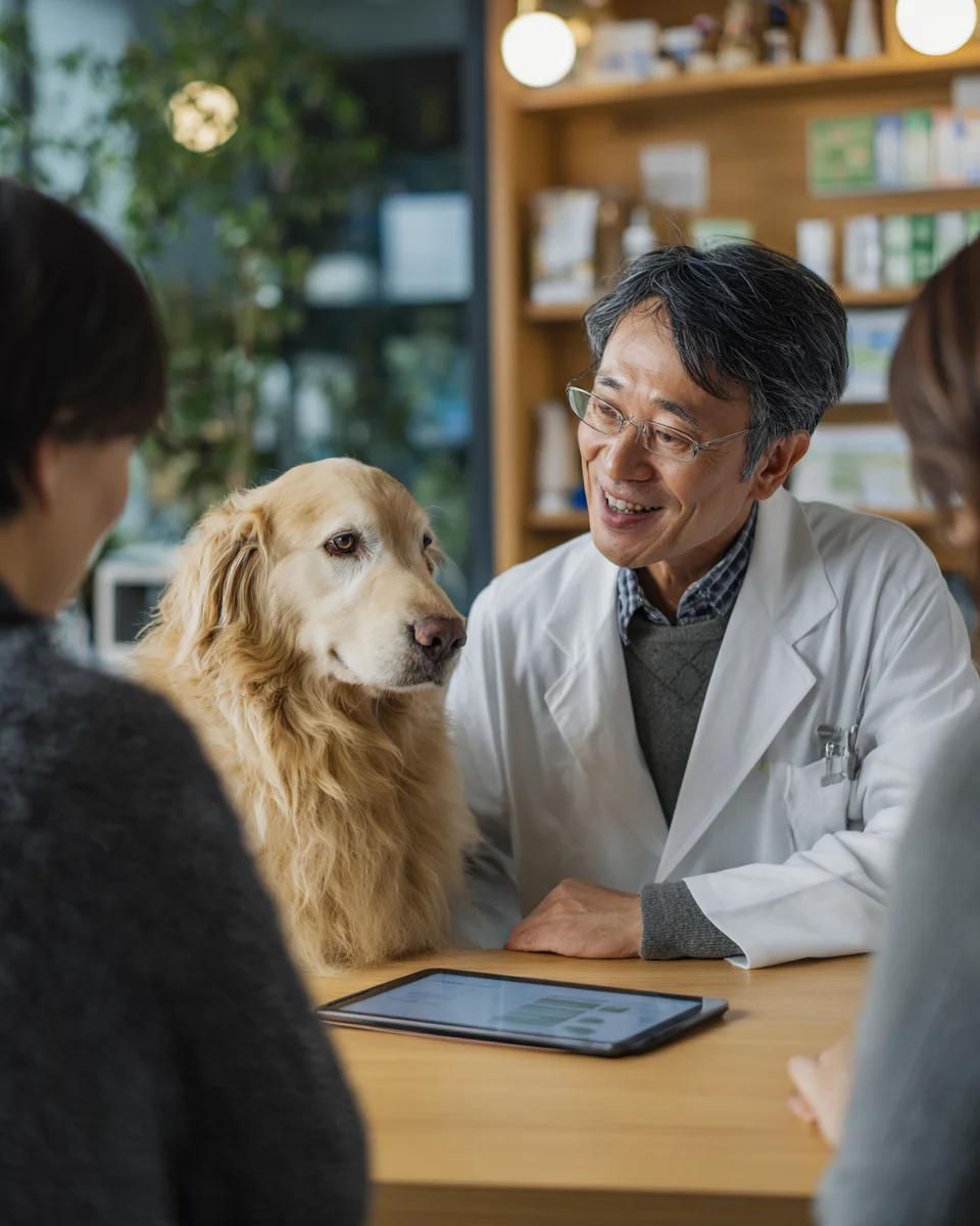 동물병원에서 수의사가 반려견 보호자에게 강아지 사료와 탄수화물 함량에 대해 전문적으로 상담하는 모습