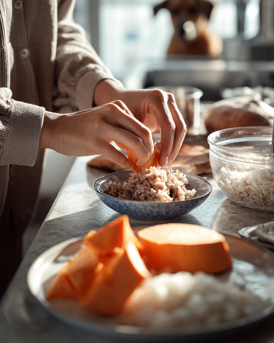 반려견을 위한 건강한 화식 재료인 고구마, 호박, 현미를 주방에서 정성스럽게 준비하는 반려인의 일상적인 모습