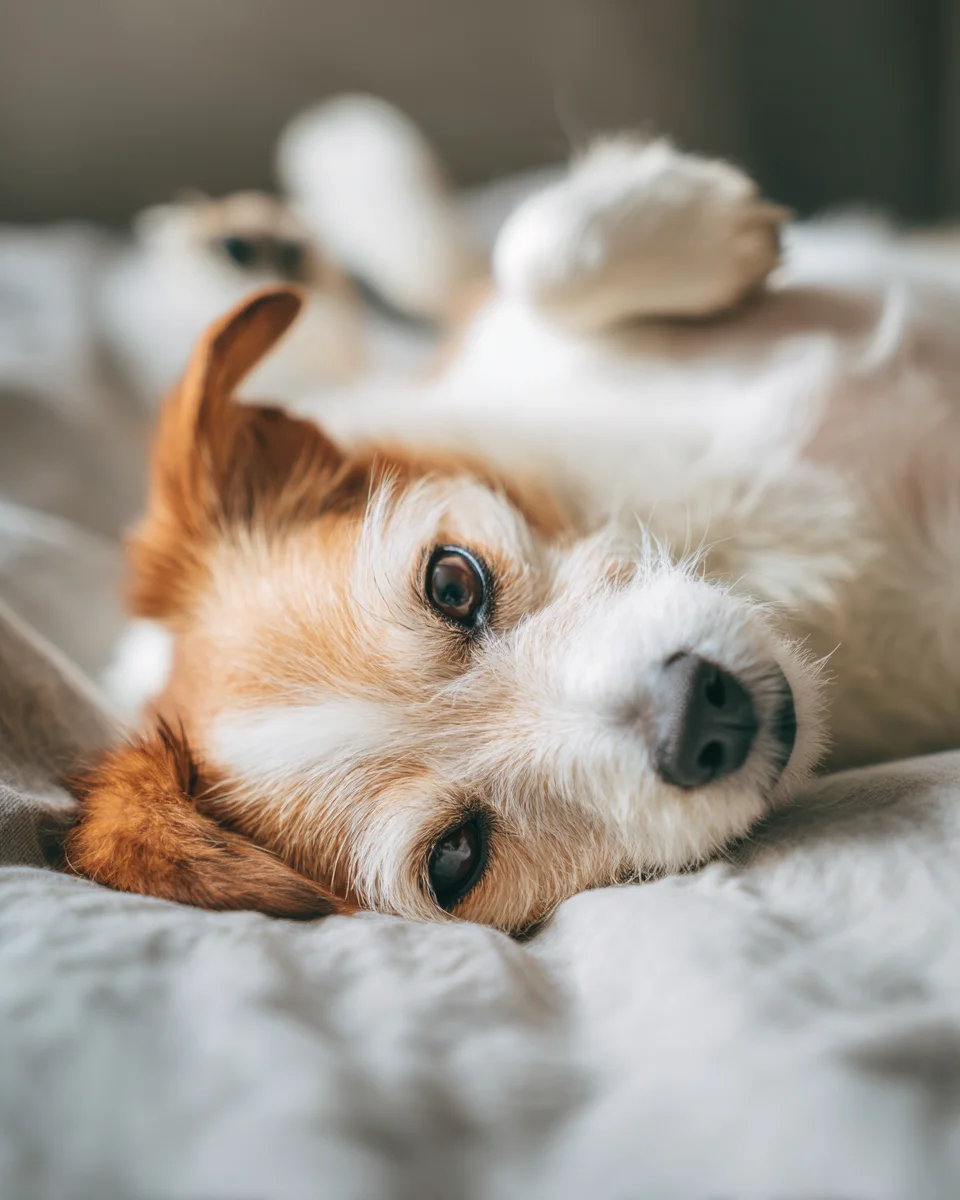 장 건강이 좋아 편안하게 누워 휴식을 취하는 건강한 강아지의 배 부분을 중심으로 촬영한 사진