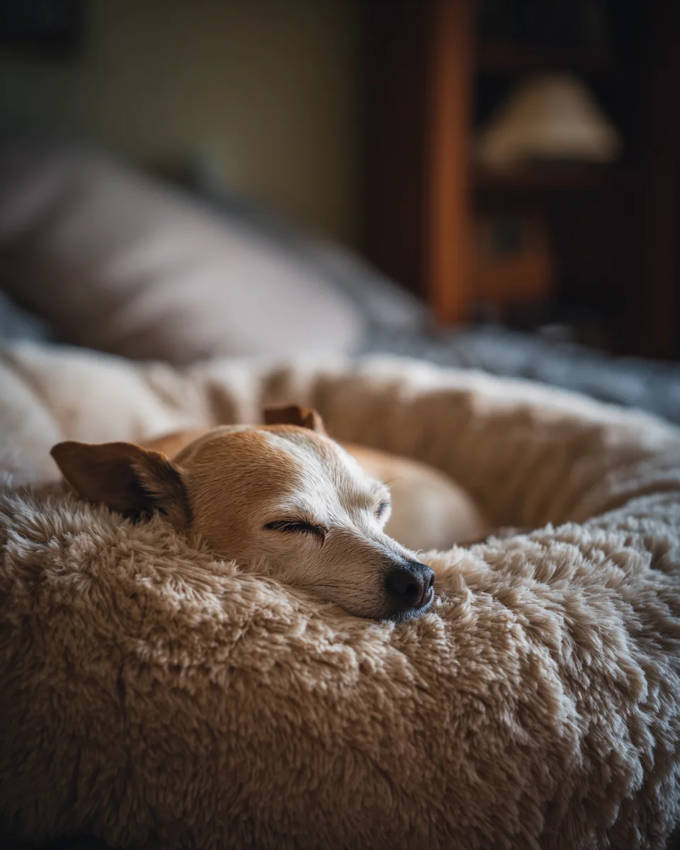 편안한 침대에서 깊은 잠을 자며 면역세포를 재충전하고 있는 강아지의 평화로운 수면 장면
