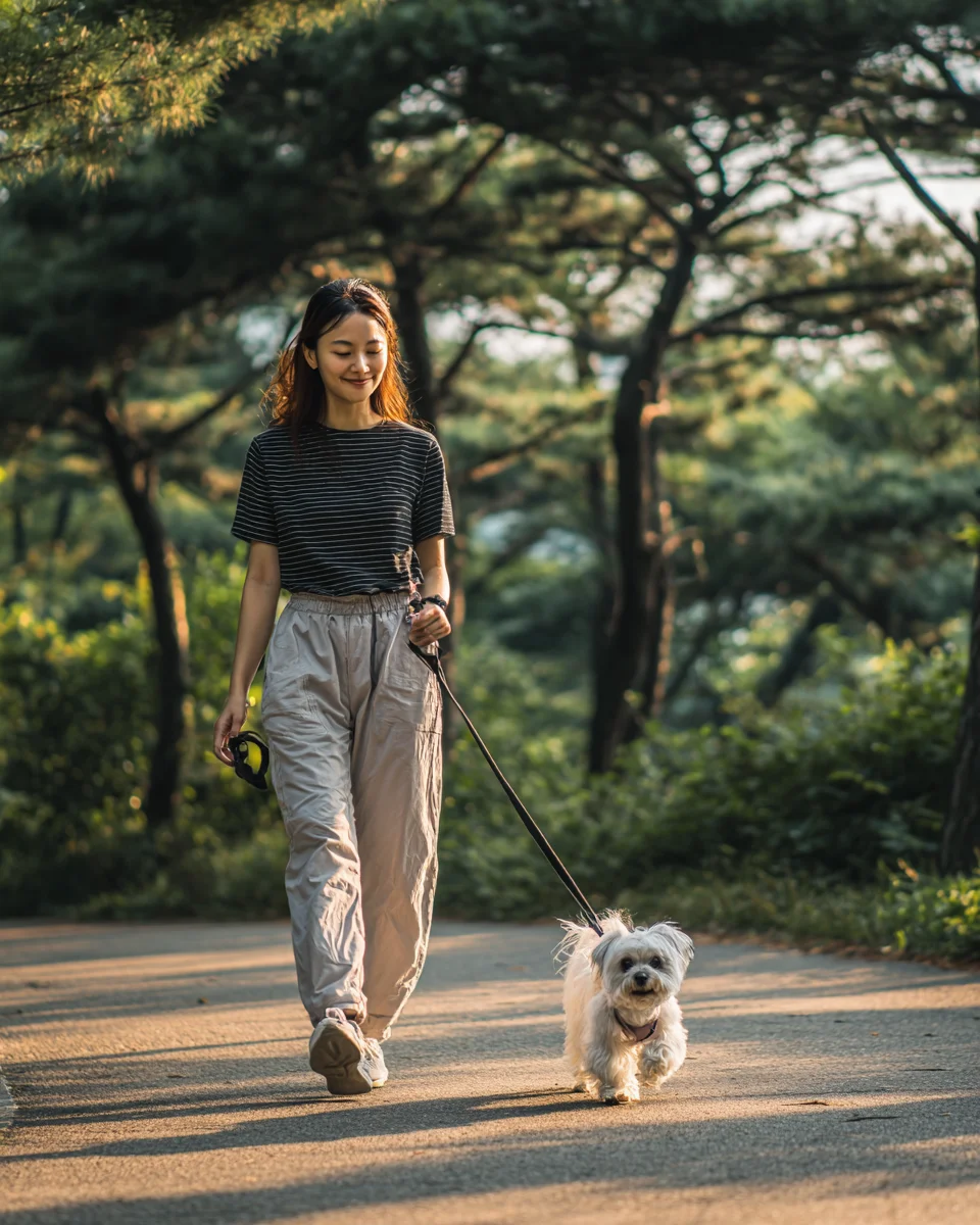 규칙적인 산책을 통해 혈액순환을 원활하게 하고 면역체계를 활성화하는 강아지와 보호자의 건강한 운동 루틴