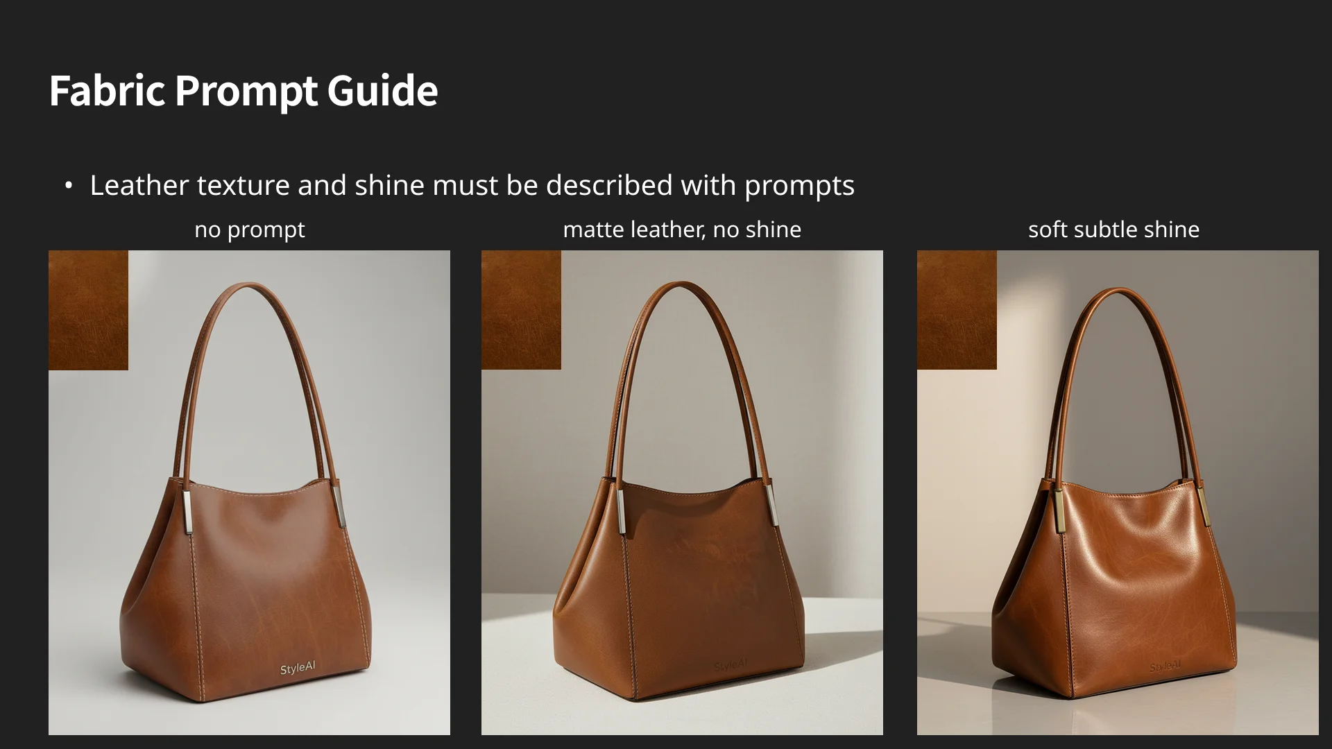 Comparison of handbag renders using no prompt, matte leather prompt, and soft shine prompt, demonstrating how material prompts affect texture and finish.