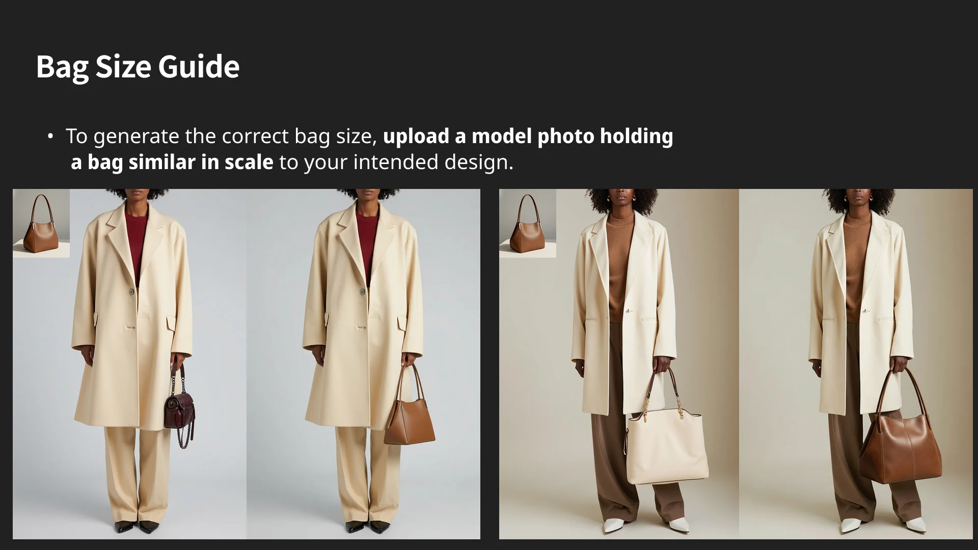 Four model photos showing the same handbag design in different sizes, illustrating how reference images determine accurate bag scale.