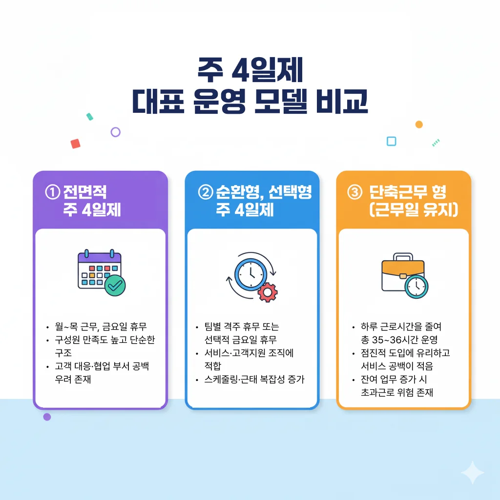 ① 전면적 주 4일제(32~36시간형)      월~목 근무, 금요일 휴무    구성원 만족도가 높고 구조가 단순함    고객 대응·협업 부서 공백 우려 존재  ② 순환형·선택형 주 4일제      팀별 격주 휴무 또는 선택적 금요일 휴무    서비스·고객지원 조직에 적합    스케줄링·근태 관리 복잡성 증가  ③ 단축근무형(근무일 유지, 근로시간만 단축)      하루 근로시간을 줄여 총 35~36시간 운영    점진적 도입에 유리하고 서비스 공백이 적음    잔여 업무 누적 시 초과근로 위험 존재  즉, 특정 모델이 더 우수한 것이 아니라 조직·직무·고객 대응 구조에 어떤 모델이 가장 적합한가가 핵심 기준입니다.