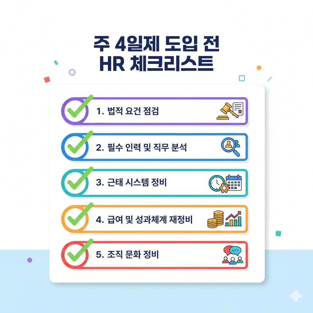 ① 법적 요건 점검      주휴수당 요건 충족 여부    연장근로 한도(주 12시간) 및 가산 규정 준수    4시간 이상 근로 시 휴게시간 30분 이상 제공    취업규칙 변경 시 절차·동의 요건 검토  근로시간은 줄일 수 있으나 연장·야간·휴일근로 규정은 그대로 유지된다는 점을 반드시 확인해야 합니다.  ② 필수 인력 및 직무 분석      고객 대응 직무 공백 여부    협업 구조에서 발생할 지연 가능성    요일별 업무량 패턴  직무 특성에 따라 휴무 배분 방식이 달라져야 하며 형평성과 운영 가능성을 함께 고려해야 합니다.  ③ 근태 시스템 및 스케줄 관리 기반 정비      팀·개인 단위 스케줄 복잡성 증가    실근로시간 기록의 정확성 확보    연장·야간근로 자동 산정 필요  근태 복잡성이 커지기 때문에 데이터 기반 근태 시스템은 사실상 필수 조건입니다.  ④ 급여 및 성과체계 재정비      수당 계산 로직 점검    KPI를 시간 중심에서 성과 중심으로 조정    임금삭감 없는 운영 시 재원 확보 필요  근로시간과 보상·성과 체계의 정합성이 구성원의 수용성과 직결됩니다.  ⑤ 조직문화 및 커뮤니케이션 정비      도입 목적·기대 효과의 명확한 공유    리더의 운영 역량 확보    시범 운영 → 피드백 → 개선 구조 마련  제도 정착을 위해서는 구성원 인식과 리더십의 일관된 실행이 필수입니다.