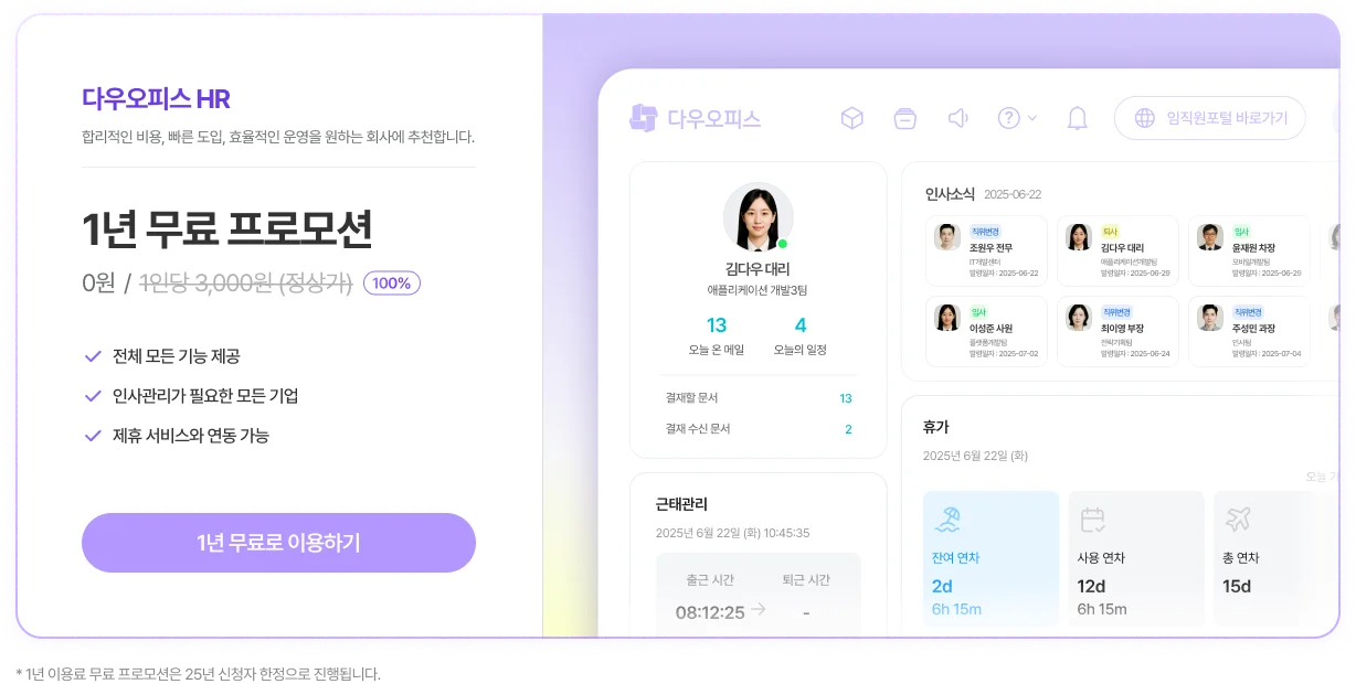  다우오피스HR은 주 4일제나 주4.5일제처럼 근무 형태가 다양해질 때 HR이 겪는 가장 큰 어려움인 근태 관리 복잡성, 근로시간 계산 오류, 스케줄 운영 부담을 최소화하도록 설계된 인사관리 솔루션입니다.