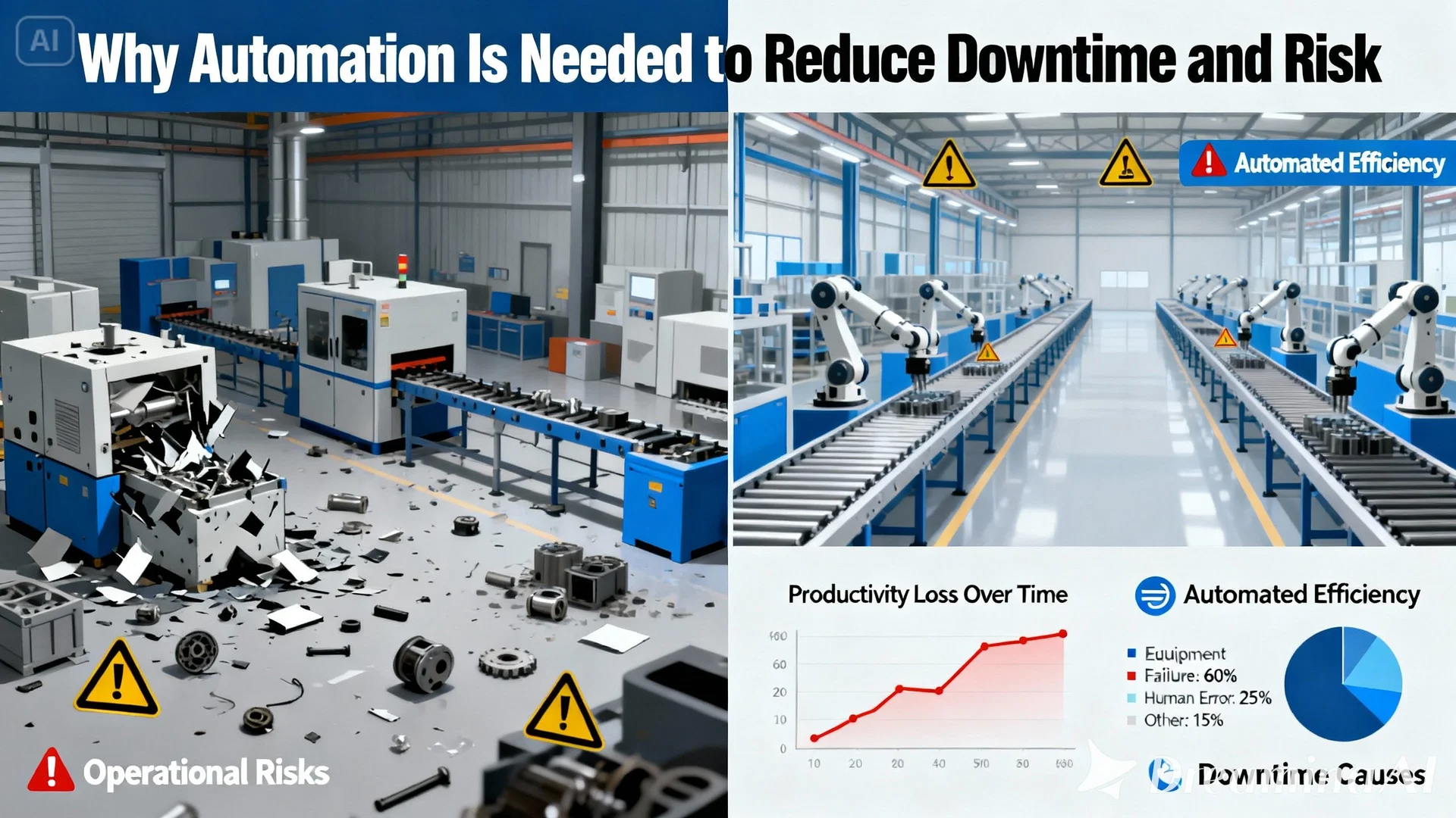 산업 현장에서 다운타임이 발생했을 때의 영향 흐름도