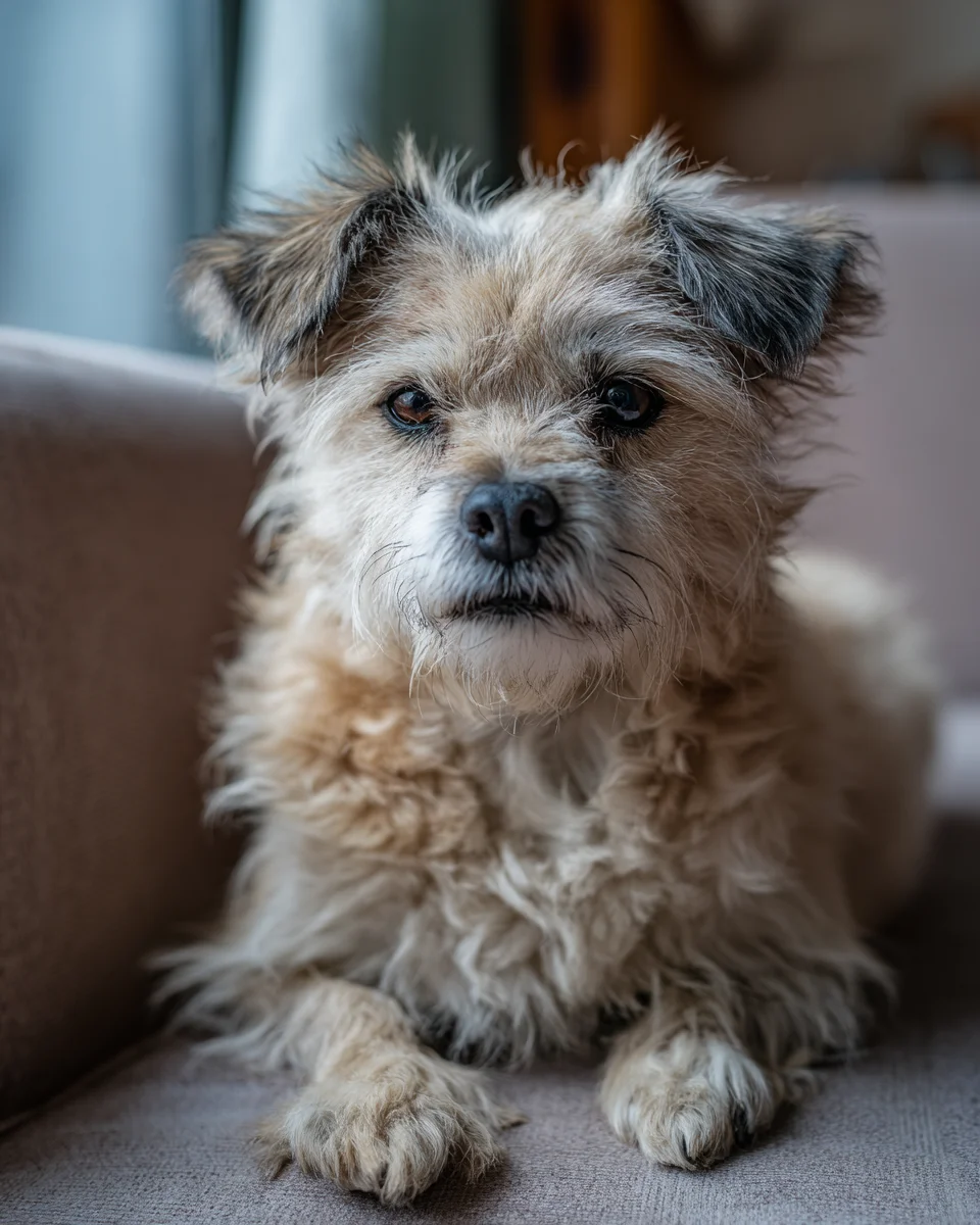 지방 부족으로 털이 푸석해지고 비듬이 생긴 강아지의 모습을 보여주는 사진