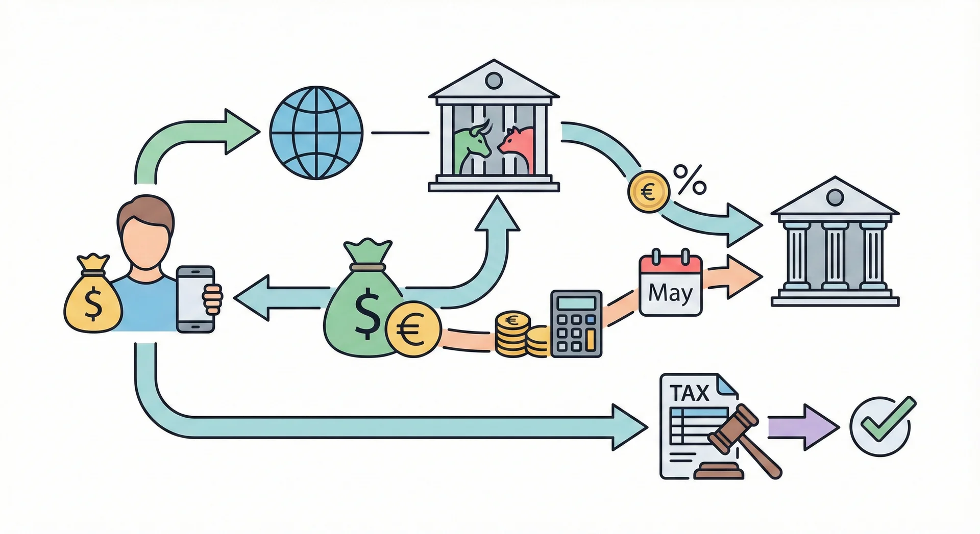 메타트레이더 MT5 기반 해외 브로커 FX마진·해외선물 거래의 기타소득 및 종합소득세 과세 흐름도를 설명하는 이미지