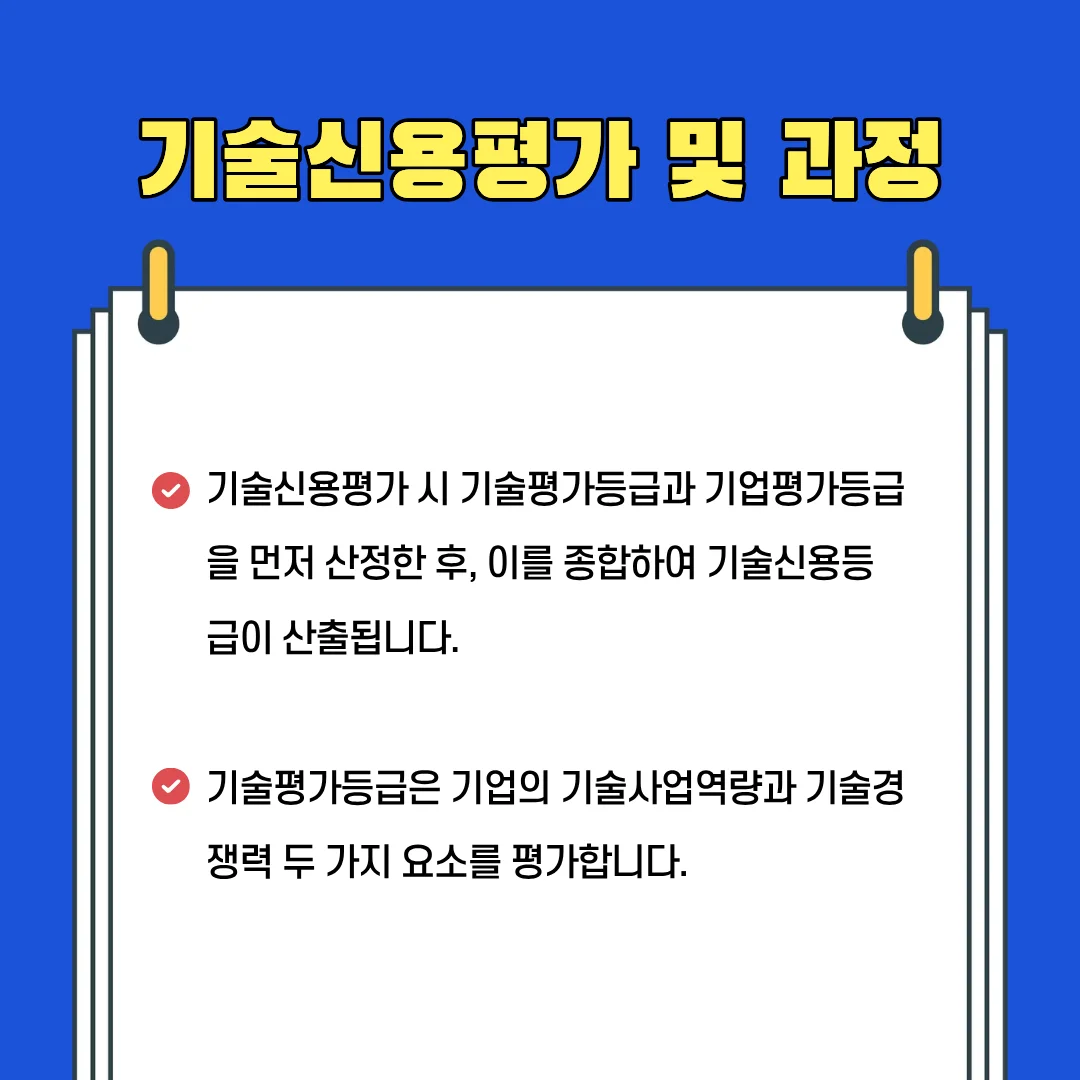 기술신용평가 시 기술평가등급과 기업평가등급을 먼저 산정한 후, 이를 종합하여 기술신용등급이 산출됩니다. 기술평가등급은 기업의 기술사업역량과 기술 경쟁력 두 가지 요소를 평가합니다.